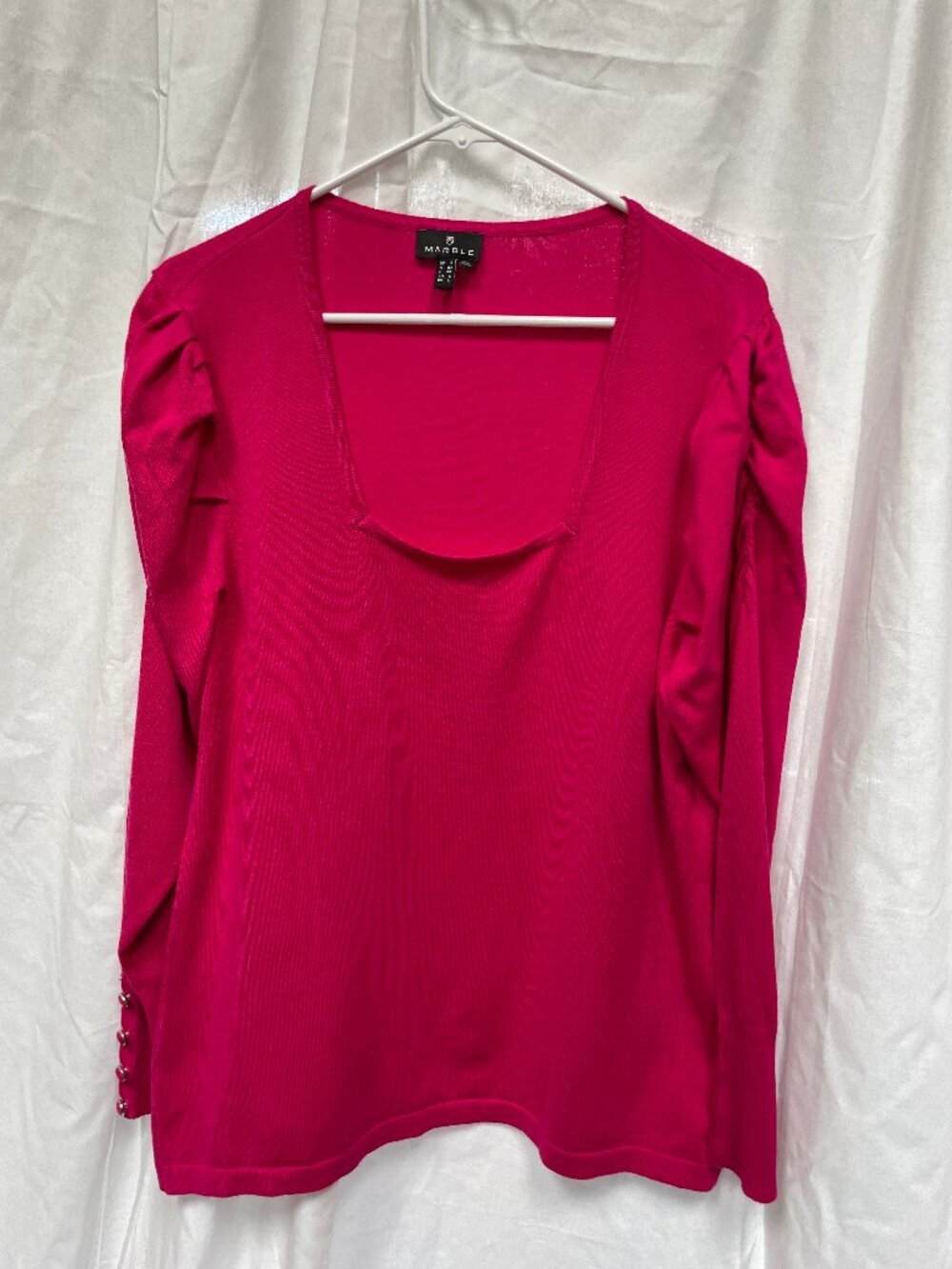 Marble Hot Pink Square Neck Pleated Shoulder Sweater Size L